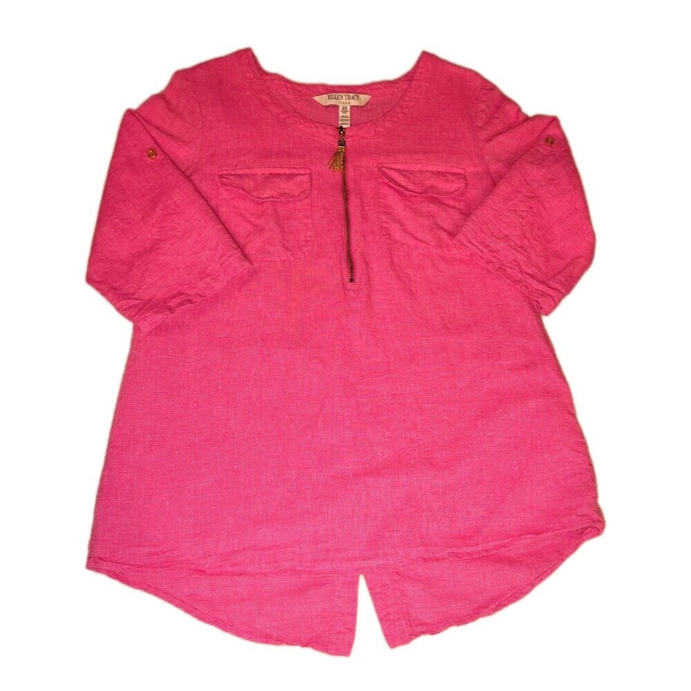 Ellen Tracy size L Short Sleeve Tunic Top Linen Blend Pink Tassle Zip Langenlook
